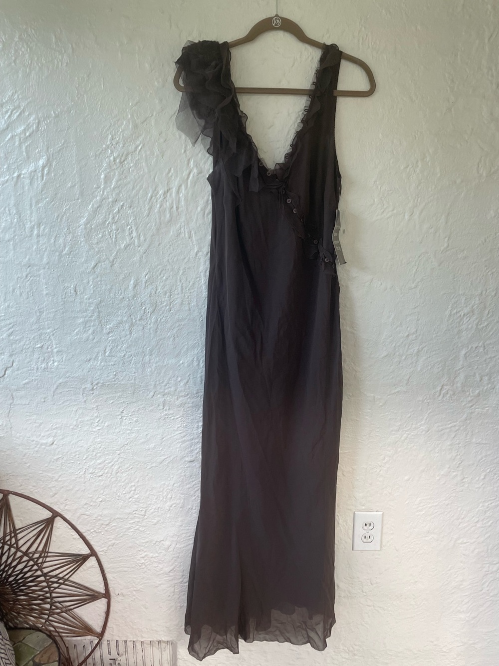 NWT BrownSheer Maxi Dress Boho Gothic Romantic Ruffle V-Neck Sleeveless; 18